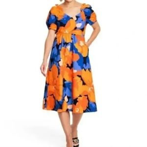 Tabitha Brown Midi Dress Womens Blue Orange Floral Tie Back NEW Size 20/22W